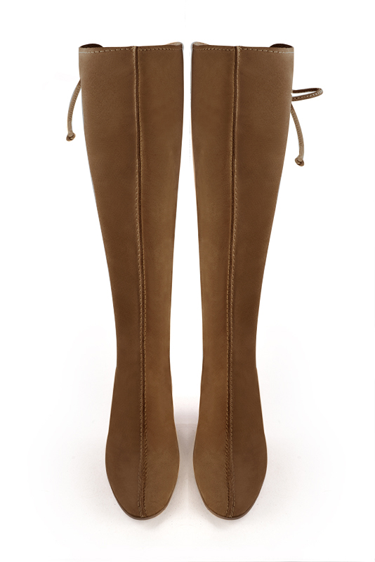 Caramel brown women's knee-high boots, with laces at the back. Round toe. Low block heels. Made to measure. Top view - Florence KOOIJMAN
